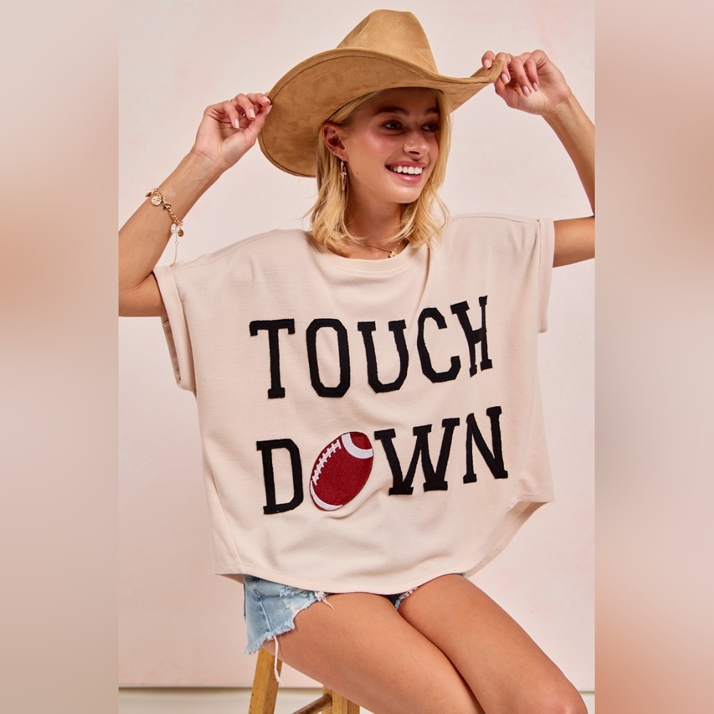 BiBi Game Day Touchdown Letter Patches Waffle Short Top - Picture 2 of 14